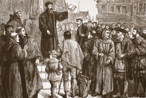 Kazanie Farel na rynku w Neuchatel, ilustracja z Historii protestantyzmu Jamesa Aitkena Wylie (1808-1890), wyd. 1878 autorstwa English School
