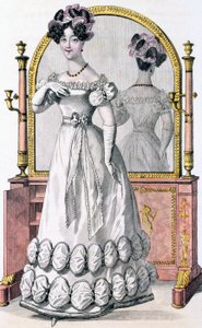 Talerz z modą damy w stroju wieczorowym, reklama z "Modes de Paris", ok. 1825 (kolorowy grawer) (detal 100997) autorstwa English School