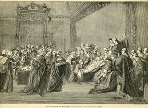 Śmiertelne zajęcie hrabiego Chatham w Izbie Lordów, 1778 autorstwa English School
