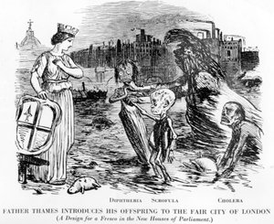 Ojciec Thames przedstawia swoje potomstwo w Fair City of London, potomstwo to dyfteryt, skrofula i cholera. Bardziej otwarty kanał niż rzeka, obrzydliwy stan Tamizy w Londynie. autorstwa English School