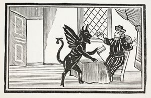 Faust ostrzeżony przez Ducha, by oczekiwał swego końca, ilustracja z ksiąg rozdziałów XVIII wieku autorstwa Johna Ashtona, wyd. 1882 autorstwa English School