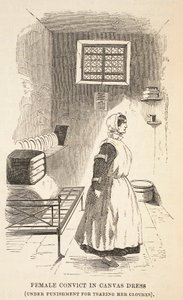 Skazana kobieta w płóciennej sukience (pod karą za rozdarcie ubrania), ilustracja z The Criminal Prisons of London i Scenes from Prison Life autorstwa Henry