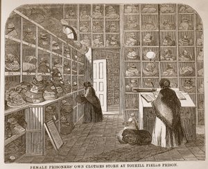 Więźniarki posiadają sklep odzieżowy w więzieniu Tothill Fields, ilustracja z The Criminal Prisons of London i Scenes from Prison Life autorstwa Henry