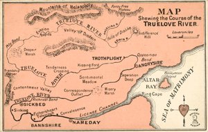 Fikcyjna mapa przedstawiająca przebieg rzeki TrueLove (kolor lito) autorstwa English School
