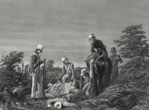 Odnalezienie barw 24 Pułku po bitwie pod Chillianwallah, ok. 1850 (rycina) autorstwa English School