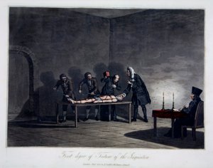 Pierwszy stopień tortur Inkwizycji, wyryty przez L.C. Stadler, wyd. Cadell & Davies, Londyn, ok. 1813 (kolorowy grawer) autorstwa English School