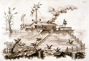 Łowienie kormoranów przy użyciu łodzi wodnej i ogrodzonego ogrodzenia, ilustracja z „Traktatu o japonowaniu i lakierowaniu…” autorstwa George