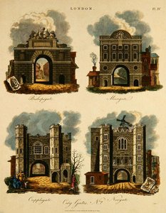 Cztery Bramy Miejskie: Bishopsgate, Moorgate, Cripplegate i Newgate, grawerowane przez J. Pass, wyd. przez G. Jones autorstwa English School