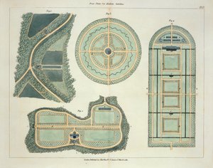 Cztery plany ogrodów kuchennych, z Wskazówek na temat tworzenia ogrodów i terenów dla przyjemności Johna Claudiusa Loudona (1783-1843) opublikowanej w 1812 r. autorstwa English School