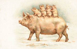 Cztery prosięta jeżdżące na grzbiecie matki autorstwa English School