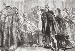 Franciszek I na łożu śmierci, ilustracja z Historii protestantyzmu Jamesa Aitkena Wylie (1808-1890), wyd. 1878 autorstwa English School
