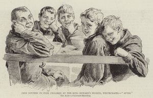 Darmowe obiady dla biednych dzieci w misji króla Edwarda, Whitechapel, „po” (grawerowanie) autorstwa English School