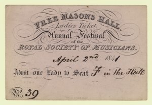 Free Mason Hall, Ladies Ticket, doroczny festiwal, Królewskie Towarzystwo Muzyków, 2 kwietnia 1841 r autorstwa English School