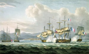 Akcja fregaty w Vizagapatam Roads, w pobliżu Indii, 18 września 1804, grawerowana przez T. Sutherlanda dla The Naval Chronology of Great Britain autorstwa J. Ralfe, opublikowanej 1820