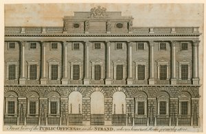 Widok z przodu na urzędy publiczne w Strand, gdzie dawniej stał Somerset House autorstwa English School