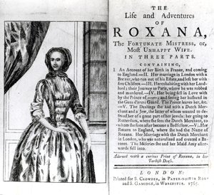 Frontyspis i strona tytułowa The Life and Adventures of Roxana autorstwa Daniela Defoe, opublikowana w 1765 r autorstwa English School