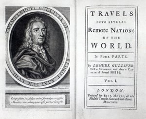 Frontyspis i strona tytułowa do podróży Guliwera autorstwa Jonathana Swifta, 1726 autorstwa English School