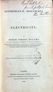 Frontispiece for Experimental Researchs in Electricity autorstwa Michaela Faradaya (1791-1867) opublikowany w 1839 r. autorstwa English School