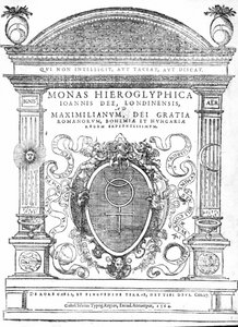 Frontyspis z Monas Hieroglyphica autorstwa Johna Dee, opublikowany w 1564 roku (druk) autorstwa English School