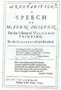 Frontyspis Areopagitica, przemówienie Johna Miltona (1608-74) wyd. w 1644 autorstwa English School