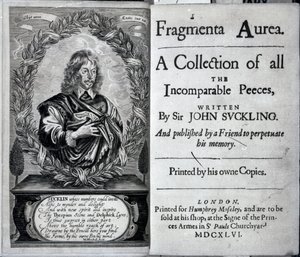 Frontyspis Fragmenta Aurea, zbiór wszystkich nieporównywalnych peeces autorstwa sir Johna Sucklinga, opublikowany w 1646 r. autorstwa English School
