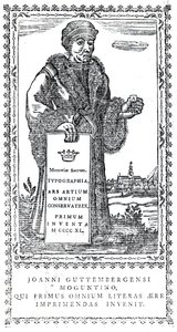 Frontyspis Johannesa Gutenberga z Zwięzłej historii powstania i postępu druku Philipa Luckombe, wydany w 1770 r. autorstwa English School