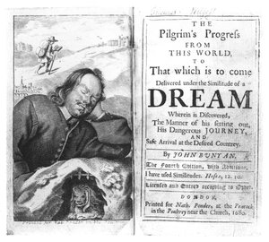 Frontyspis The Pilgrims Progress Johna Bunyana (1628-88) wyd. w 1680 autorstwa English School