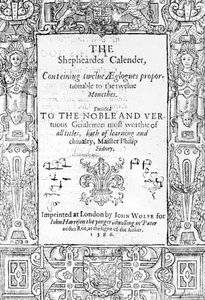 Frontyspis The Shepheardes Calender Esmonda Spensera (1552-99), opublikowany 1586 autorstwa English School