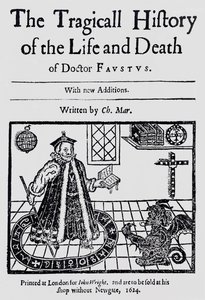 Frontyspis Tragicznej historii życia i śmierci doktora Fausta autorstwa Christophera Marklina, c.1616 autorstwa English School