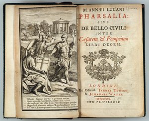 Frontyspis do Farsaliów lub wojny domowej między Cezarem a Pompejuszem autorstwa Marka Annaeusza Lukana (39-65 AD) rytowany przez J. Cole