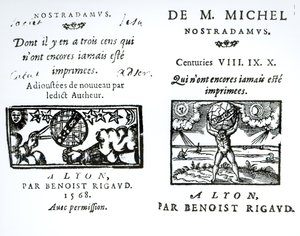 Frontyspis do Proroctw M. Michela Nostradamusa, wyd. Benoist Rigaud, 1568 autorstwa English School