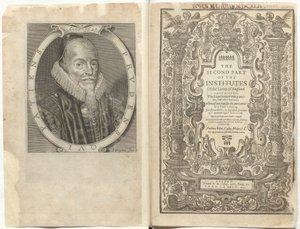 Frontyspis do „Drugiej części instytutów praw Anglii. Zawiera ekspozycję wielu starożytnych i innych statutów itp., autorstwa Sir Edwarda Coke autorstwa English School