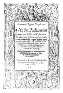 Frontyspis do relacji parlamentu królowej Elżbiety w okresie od 23 listopada 1584 do 24 marca 1585, wydrukowany przez Christophera Barkera, 1585 autorstwa English School