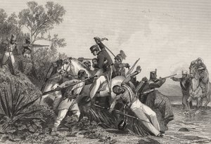 Zbiegli brytyjscy oficerowie i ich rodziny zaatakowani przez buntowników, z "Historii indyjskiego buntu", opublikowanej w 1858 r. (rycina) autorstwa English School