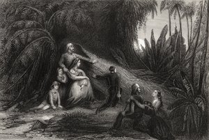 Zbiegowie oficerowie z rodzinami ukrywającymi się na fioletowo, z „Historii buntu indyjskiego” opublikowanej w 1858 r. autorstwa English School