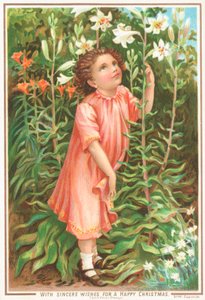 DZIEWCZYNA pachnąca liliami w ogrodzie, Kartka Świąteczna autorstwa English School