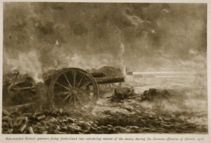 Brytyjscy artylerzyści zamaskowani gazem strzelali wprost w nacierające masy wroga podczas niemieckiej ofensywy w marcu 1918, 1918-19 autorstwa English School