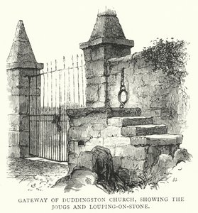 Gateway of Duddingston Church, przedstawiający Jougs i Louping-on-Stone (rycina) autorstwa English School