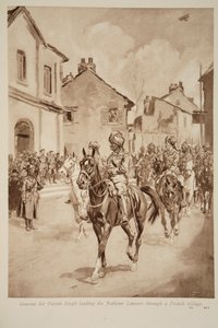 Generał Sir Pertab Singh prowadzący lansjerów z Jodhpur przez francuską wioskę, 1914-19 autorstwa English School