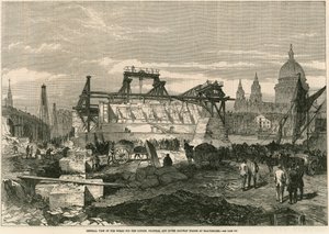 Ogólny widok prac dla London, Chatham i Dover Railway Bridge w Blackfriars, Londyn autorstwa English School