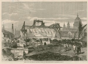 Ogólny widok prac związanych z mostem kolejowym London, Chatham i Dover w Blackfriars autorstwa English School