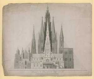 Geometryczne elewacje frontów zachodnich katedr św. Pawła w Londynie (przed ogniem) ... i Wielkiej Piramidy w Egipcie w jednej skali autorstwa English School