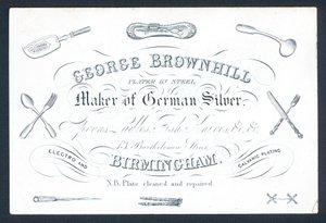 George Brownhill, producent niemieckiego srebra, karta handlowa autorstwa English School