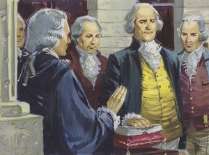 George Washington zostaje zaprzysiężony jako pierwszy prezydent Ameryki w Nowym Jorku autorstwa English School