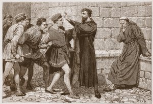George Wishart chroniący swojego niedoszłego zabójcę, ilustracja z „Historii protestantyzmu” Jamesa Aitkena Wyliego (1808-1890), wyd. 1878 (grawerowanie) autorstwa English School