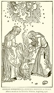 Niemieckie przesądy — Czarownice warzące Zaklęcie. Po wycięciu drewna w Ulrichs Witches, Augsburg, 1508 autorstwa English School