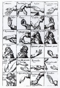 Gesty do mimów z Johna Bulwersa Chrilogia Naturall Language of Hand, 1644 autorstwa English School