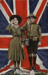 Harcerka i harcerz salutujący przed flagą Unii (zdjęcie) autorstwa English School