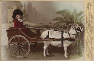 Dziewczyna w koziej wozie, kartka z życzeniami noworocznymi (chromolitho) autorstwa English School