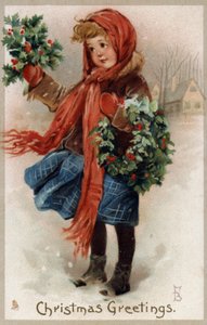 Dziewczyna sprzedająca wieńce ostrokrzewowe i bożonarodzeniowe (chromolitho) autorstwa English School